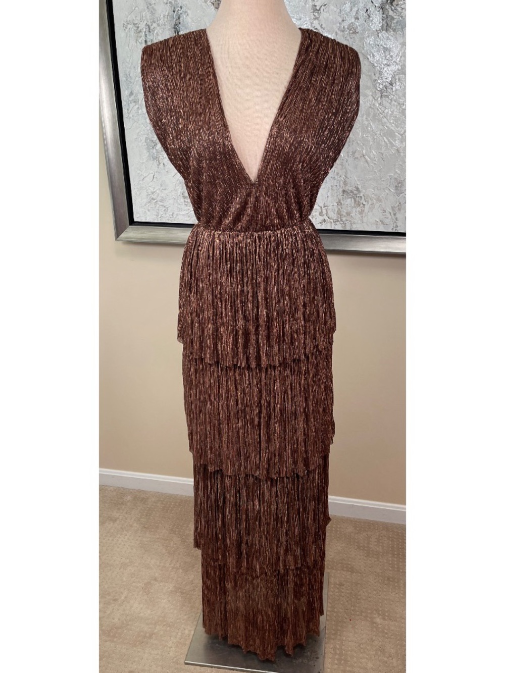 SABINA MUSAYEV Skylar Pleated Metallic Tiered Deep V Brown Maxi Dress Size XS - Picture 2 of 7